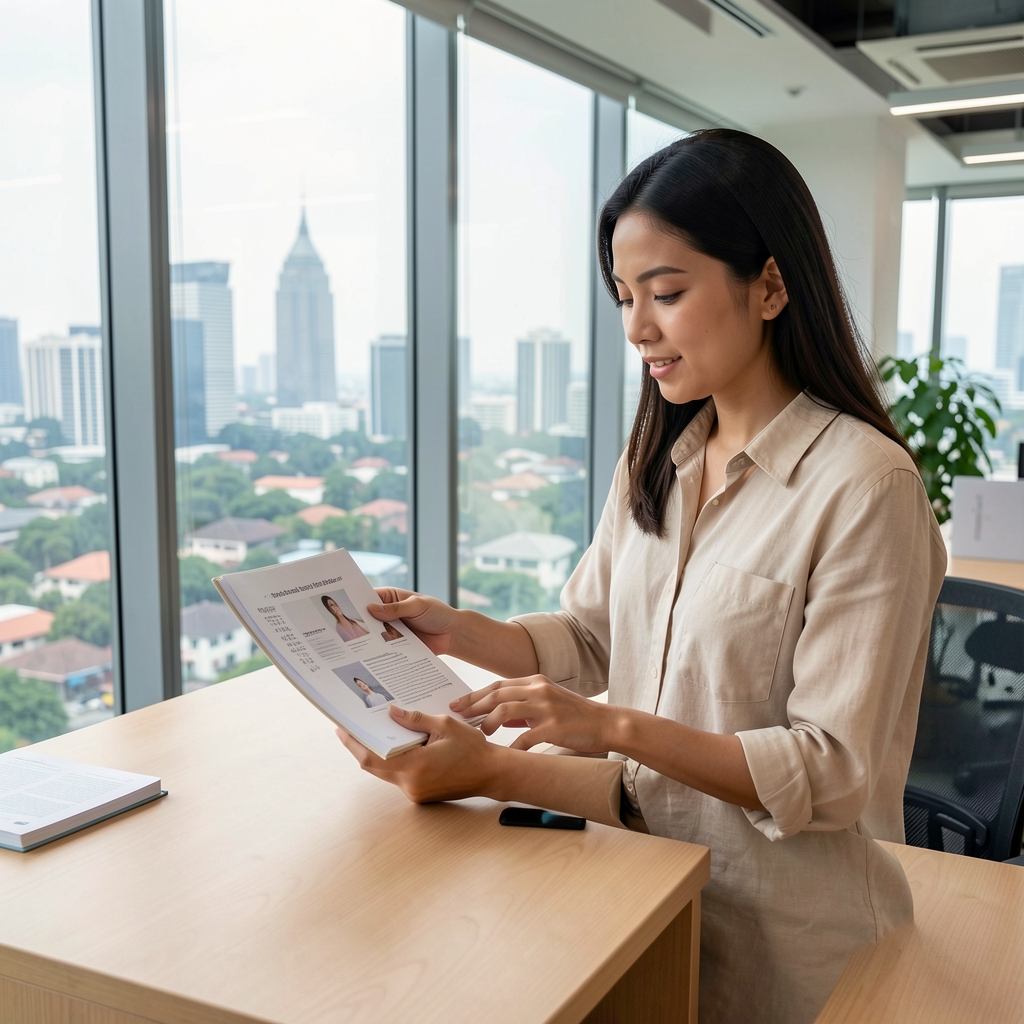 Wellness journal contributor reviewing printed research at a standing desk in a Jakarta office with city views in the background