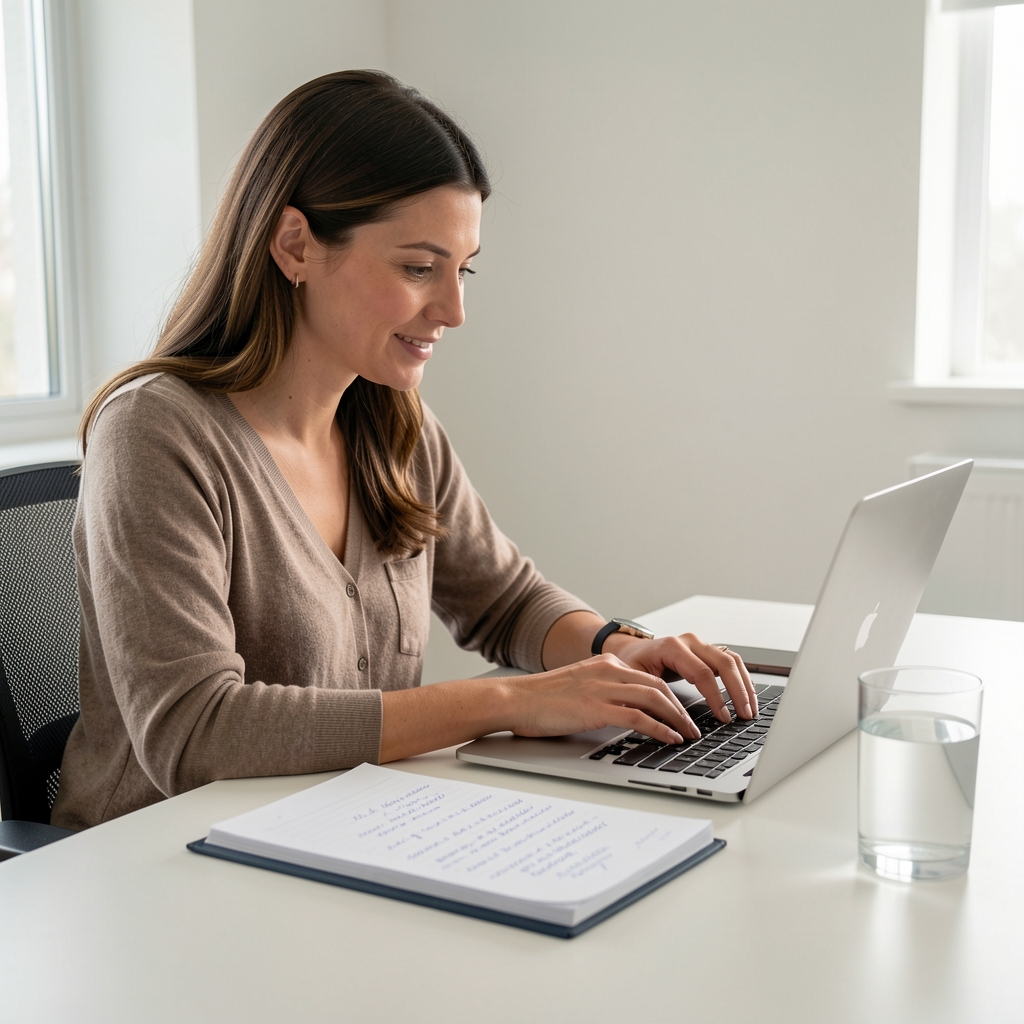 Journal contributor working on a laptop with wellness notes and a glass of water on a clean workspace with soft studio lighting