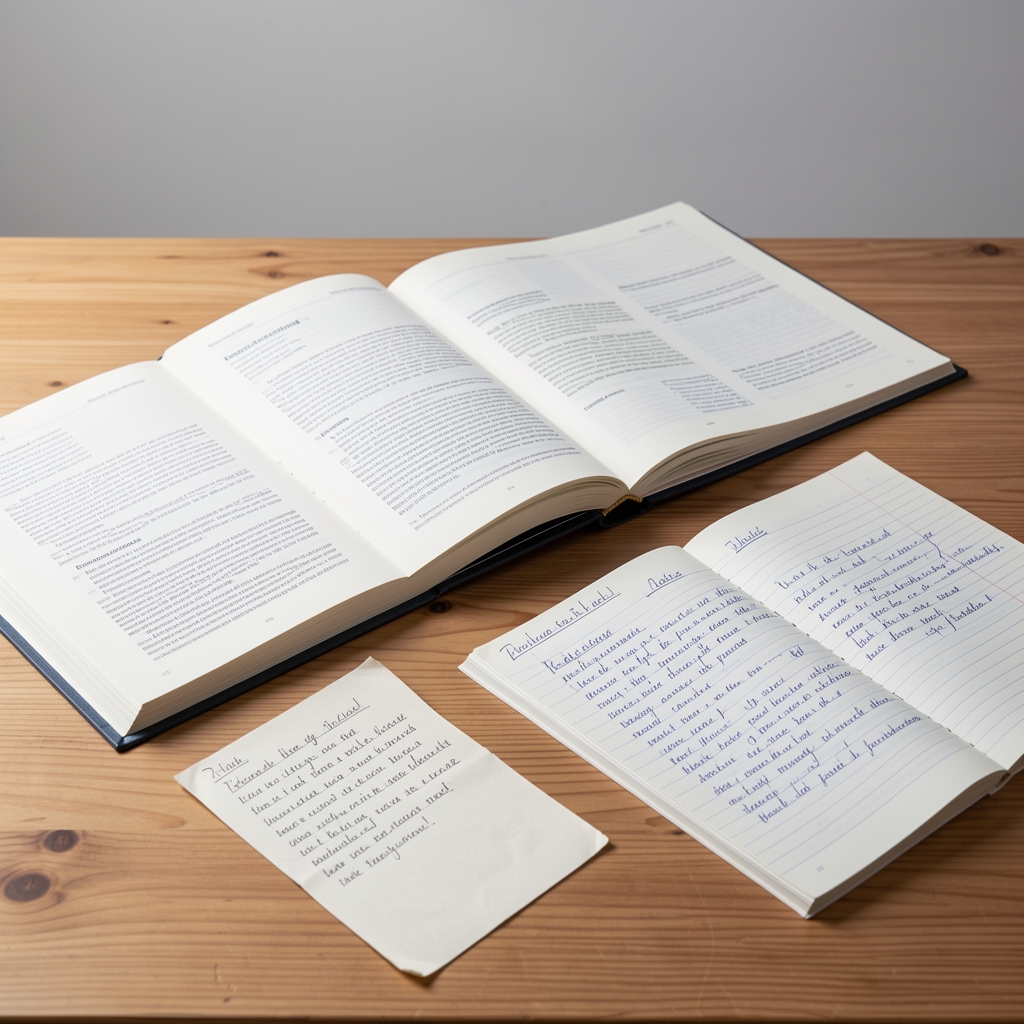 Open research journals and handwritten notes spread across a wooden desk in a clean workspace under studio lighting