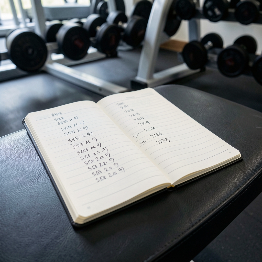 Close-up of a strength training logbook with handwritten sets and reps on a gym bench with equipment in the background