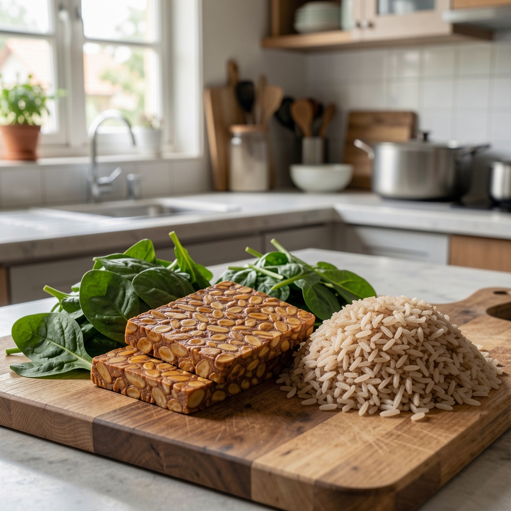 Whole food ingredients including tempeh, leafy greens, and brown rice arranged on a wooden cutting board in a Jakarta kitchen
