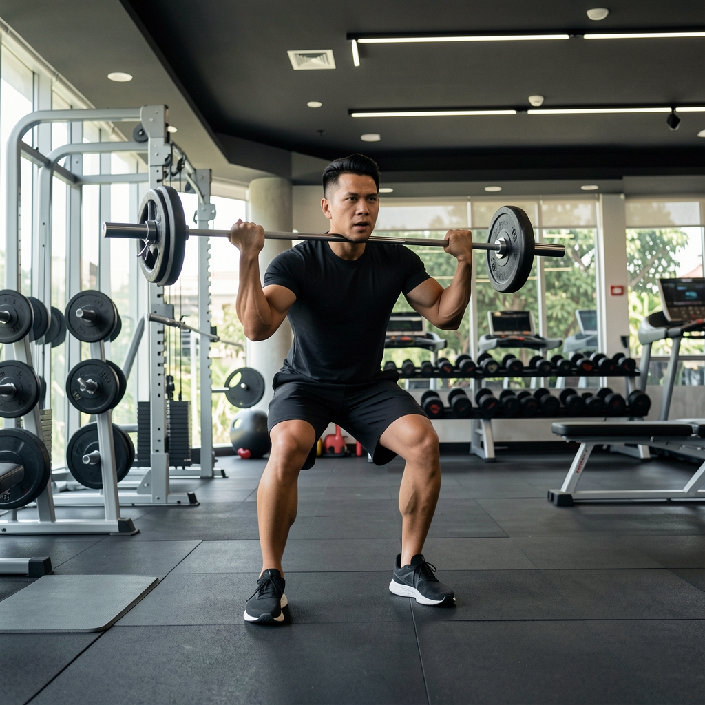 Active man in a modern Jakarta gym performing a structured strength training session under controlled lighting