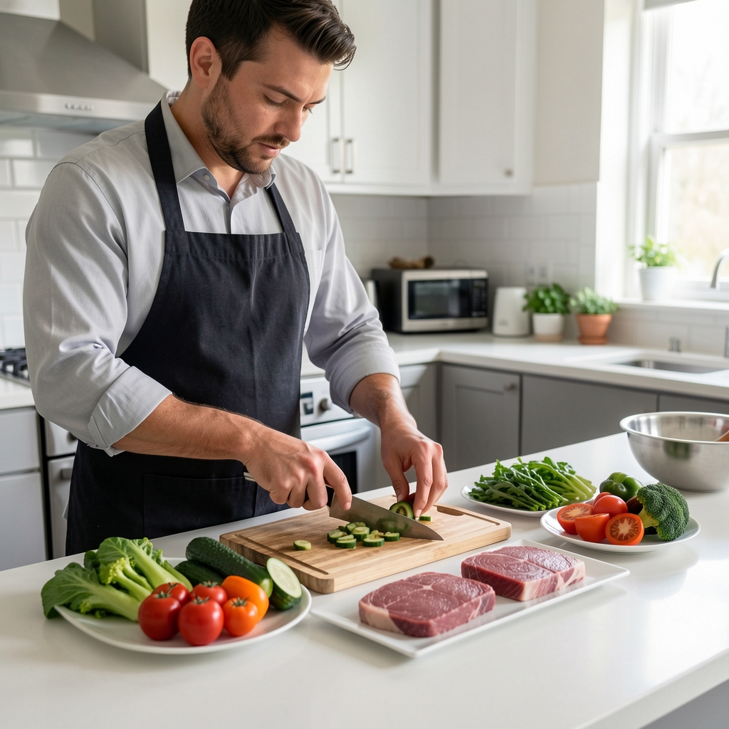 Man preparing a structured meal on a clean kitchen counter with fresh vegetables and lean protein portions arranged systematically