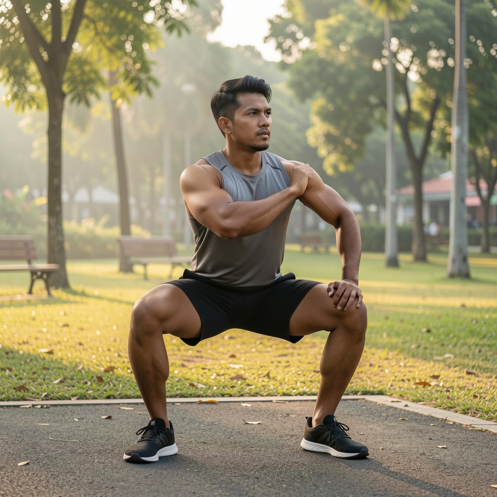 Man in athletic wear performing a bodyweight squat movement in an open outdoor park setting during early morning Jakarta light