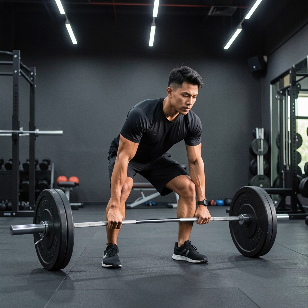 Man performing barbell deadlift in a modern Jakarta gym with dark walls and overhead lighting, focused expression