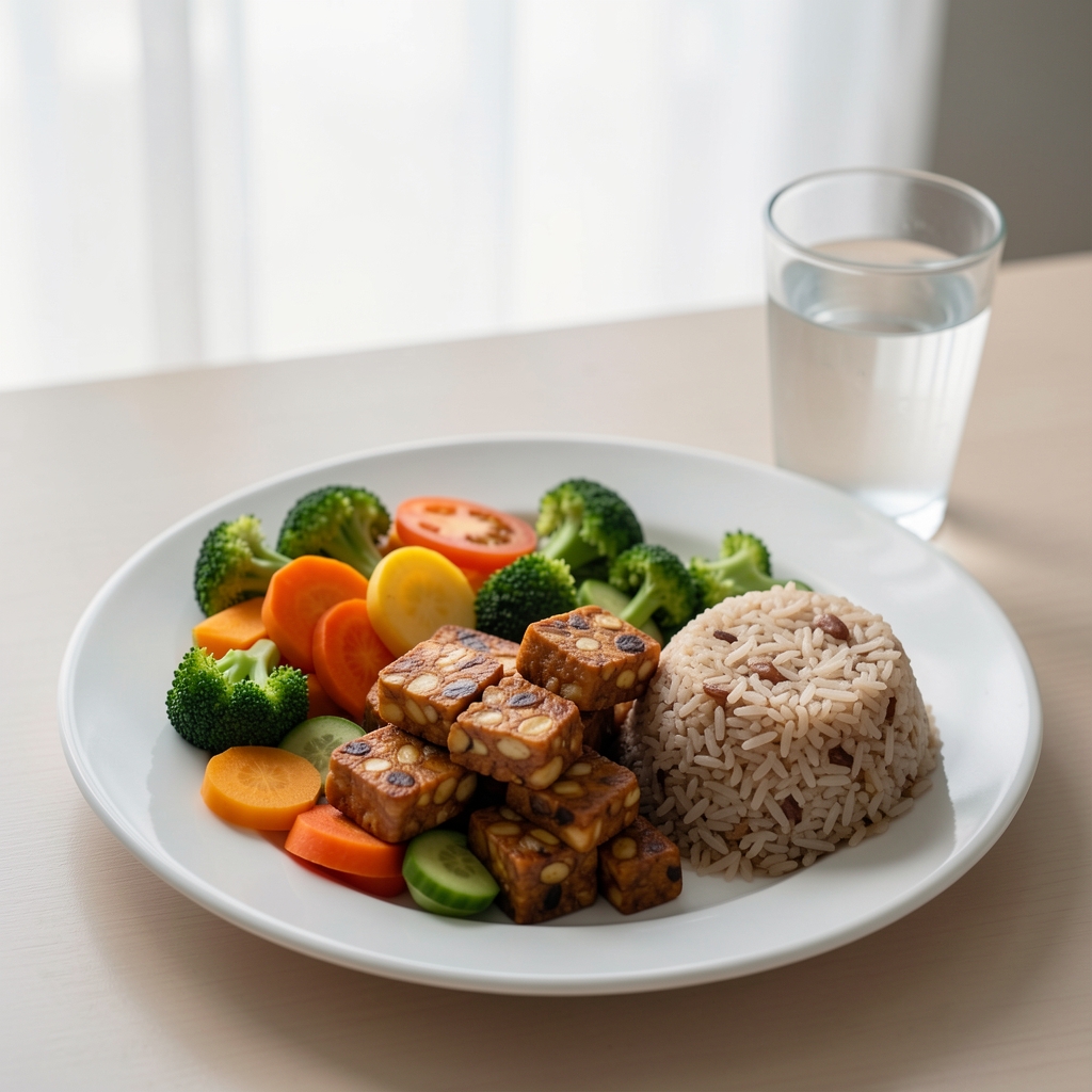 Indonesian whole-food meal with steamed tempeh, colourful vegetables, brown rice, and a water glass on a clean table