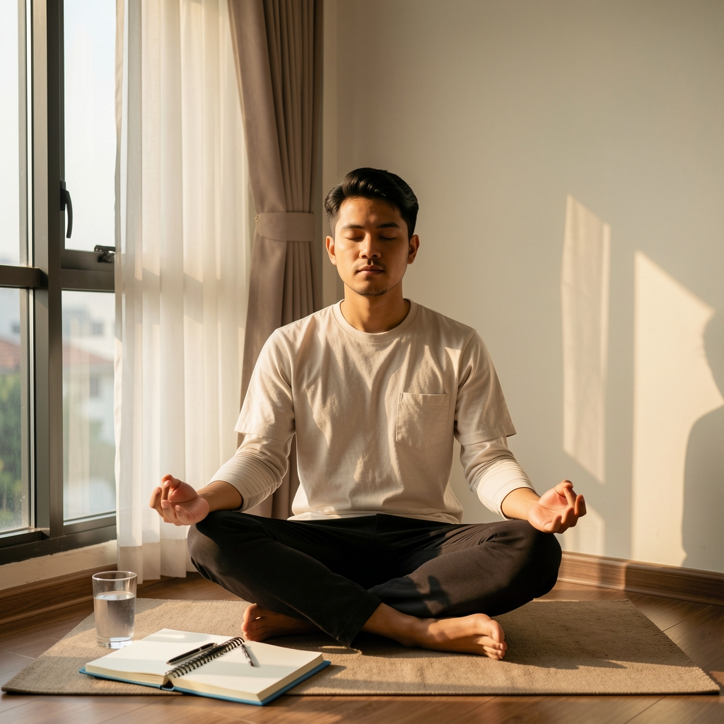 Man meditating in a quiet corner of a Jakarta apartment in morning light with a notebook and a glass of water nearby