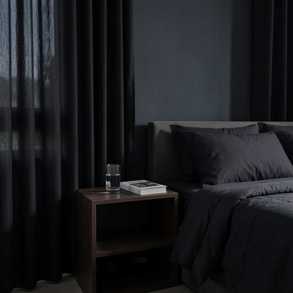 Dark bedroom environment in Jakarta with blackout curtains, a minimal nightstand with a glass of water and a book
