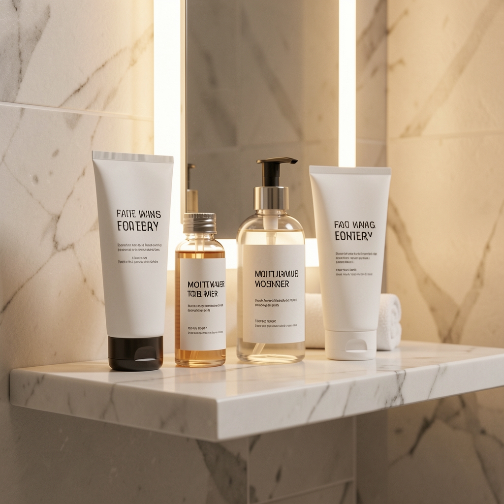 Clean grooming setup on a marble bathroom shelf with moisturiser, toner, and face wash arranged neatly under warm lighting