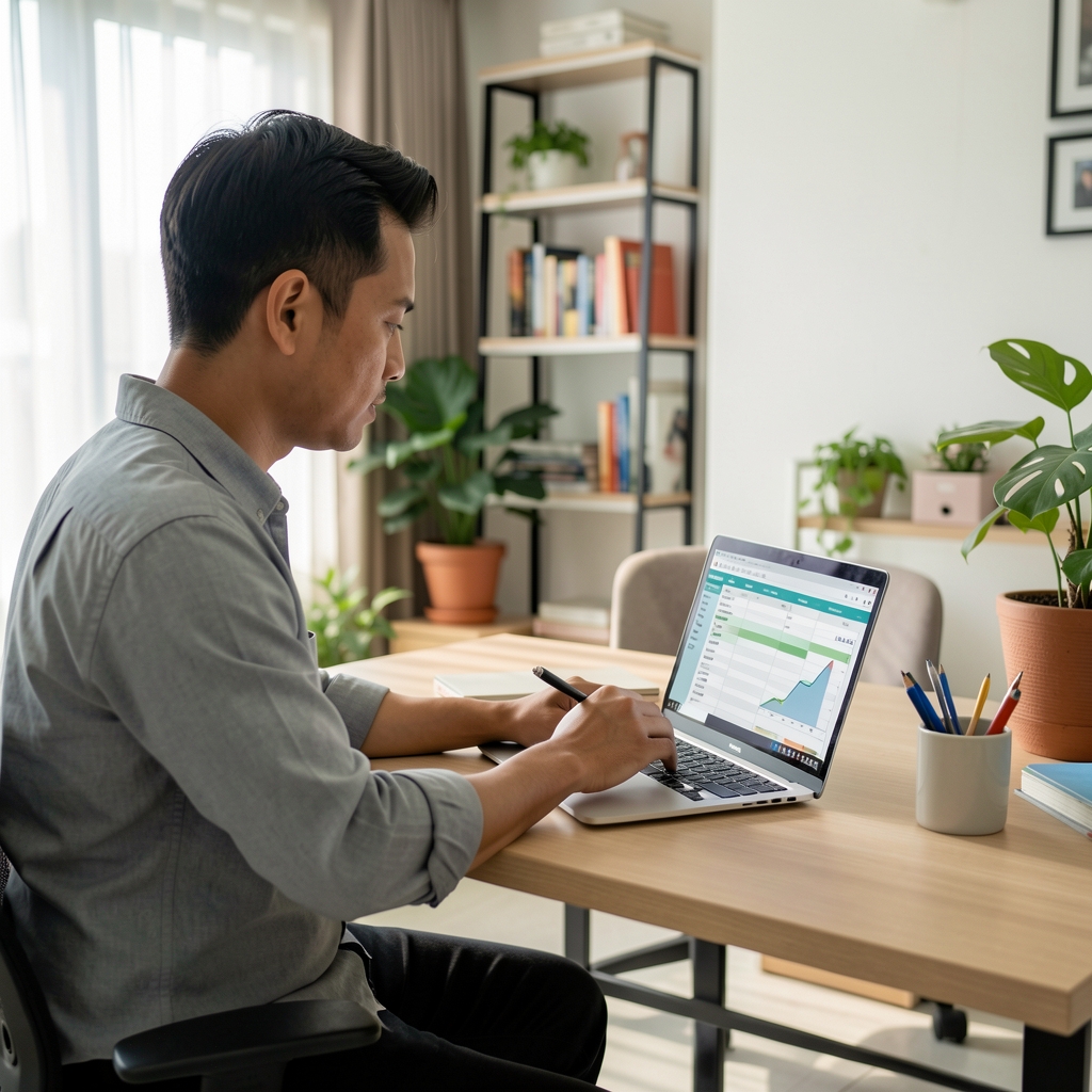 Man reviewing a progress tracking spreadsheet on a laptop at a standing desk in a bright Jakarta home office